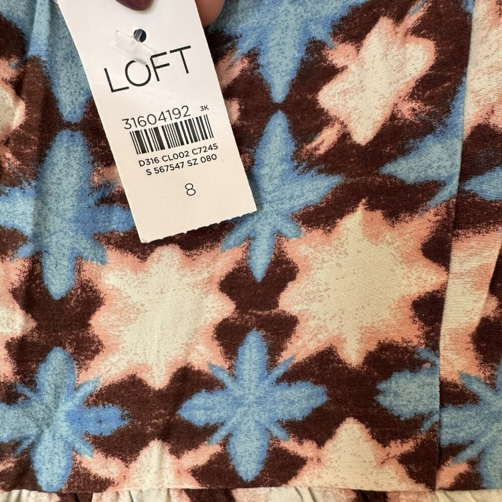 NEW Loft Tiered Smocked Dress Teal Brown Geo Print Size 8 Spring - Picture 5 of 8